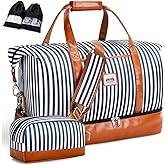 Lekebobor Weekender Bag for Women, Large Holdall Travel Duffle / Overnight Bag with Shoes Compartment & Toiletry Bag, 50L (Blue Striped)