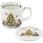Royal Worcester Oh Christmas Tree Mug & Coaster Set - 11 oz Fine Bone China Holiday Mug Set with Woodland Creatures - Wrendale Designs Christmas Coffee Mugs, Microwave & Dishwasher Safe