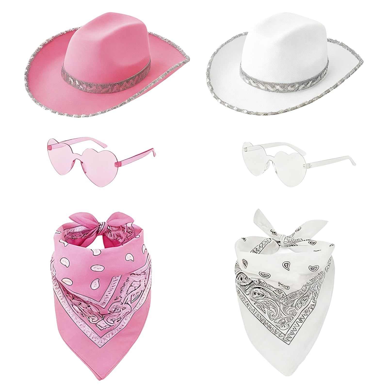 WZHHDM Ladies Sequin Cowboy Hat, 6 Piece Set Cowboy Hat for Women with Bandana Heart Sunglasses for Bachelorette Parties Halloween Festival Costume Accessories(Pink/White)