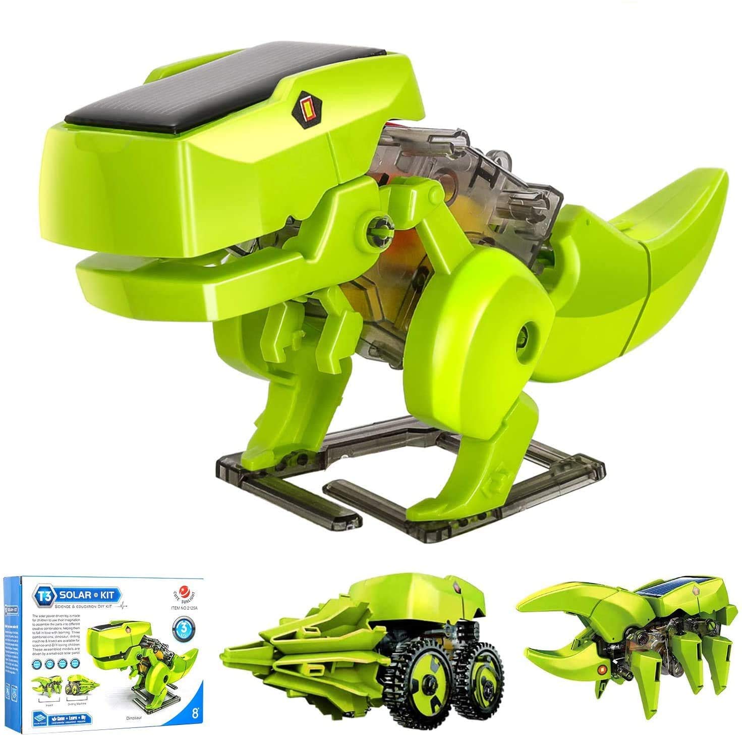 SHATCHI Make Your Own 3-in-1 Solar Robot DIY Assemble Educational Dinosaur 3D Moving Model Building Kit for Birthday and, Green
