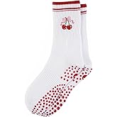 floconssy Pilates Socks for Women, Grip Yoga Crew Cute Socks Gifts for Women Non Slip for Barre Workout with Embroidery
