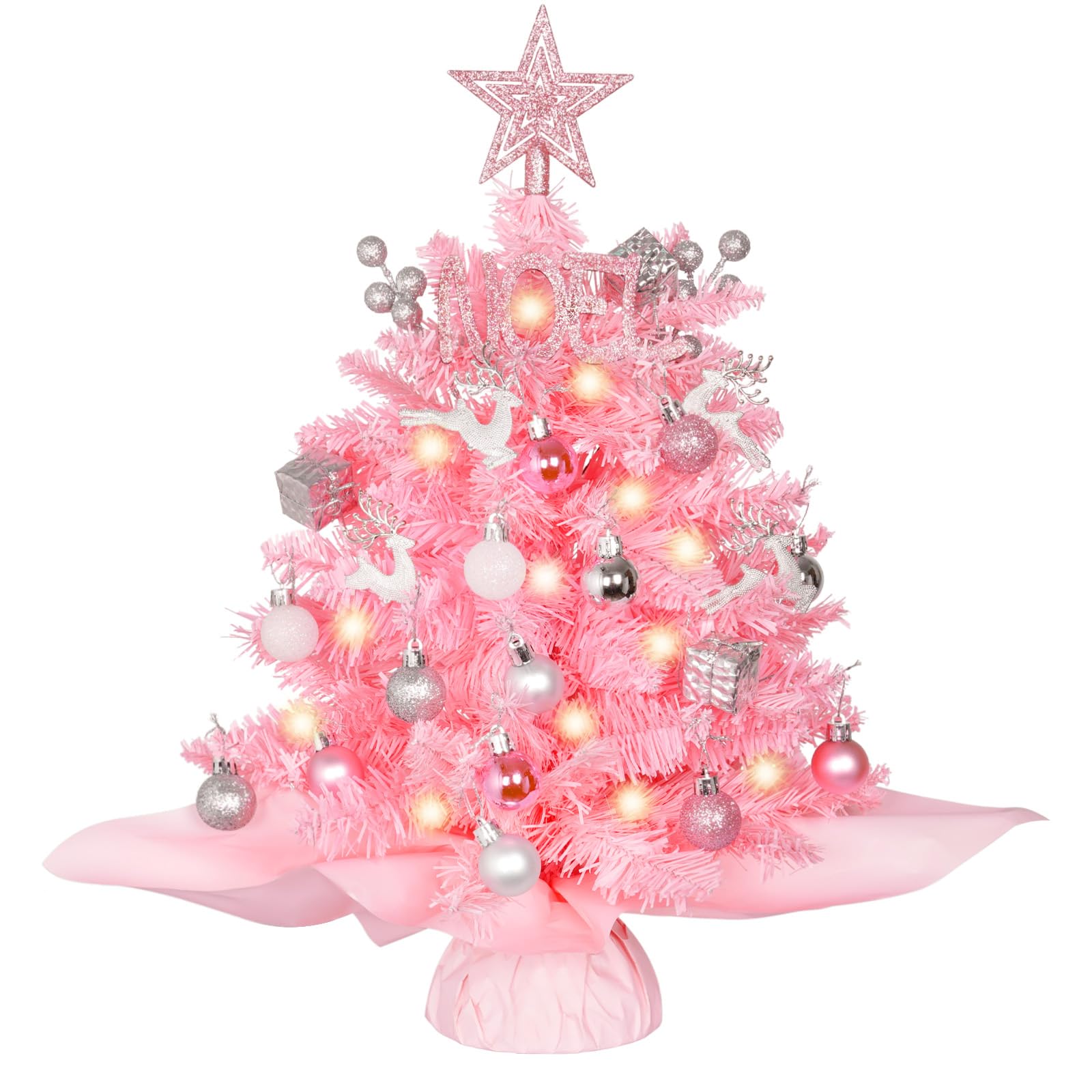 Photo 1 of Wangchao Craft 20" Mini Pink Christmas Tree, Artificial Small Table Top Warm Lights, Star Treetop and Ornaments, Tabletop Christmas Tree for DIY Pink Christmas Decoration Gifts