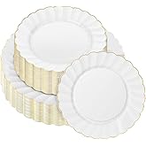 50 Pcs White Scalloped Plastic Plates with Gold Rim Disposable Fancy Decorative Elegant Party Plates 25pcs Heavy Duty Dinner Plate 10" 25pcs Dessert Plate 7.5" Perfect for Wedding Baby Shower