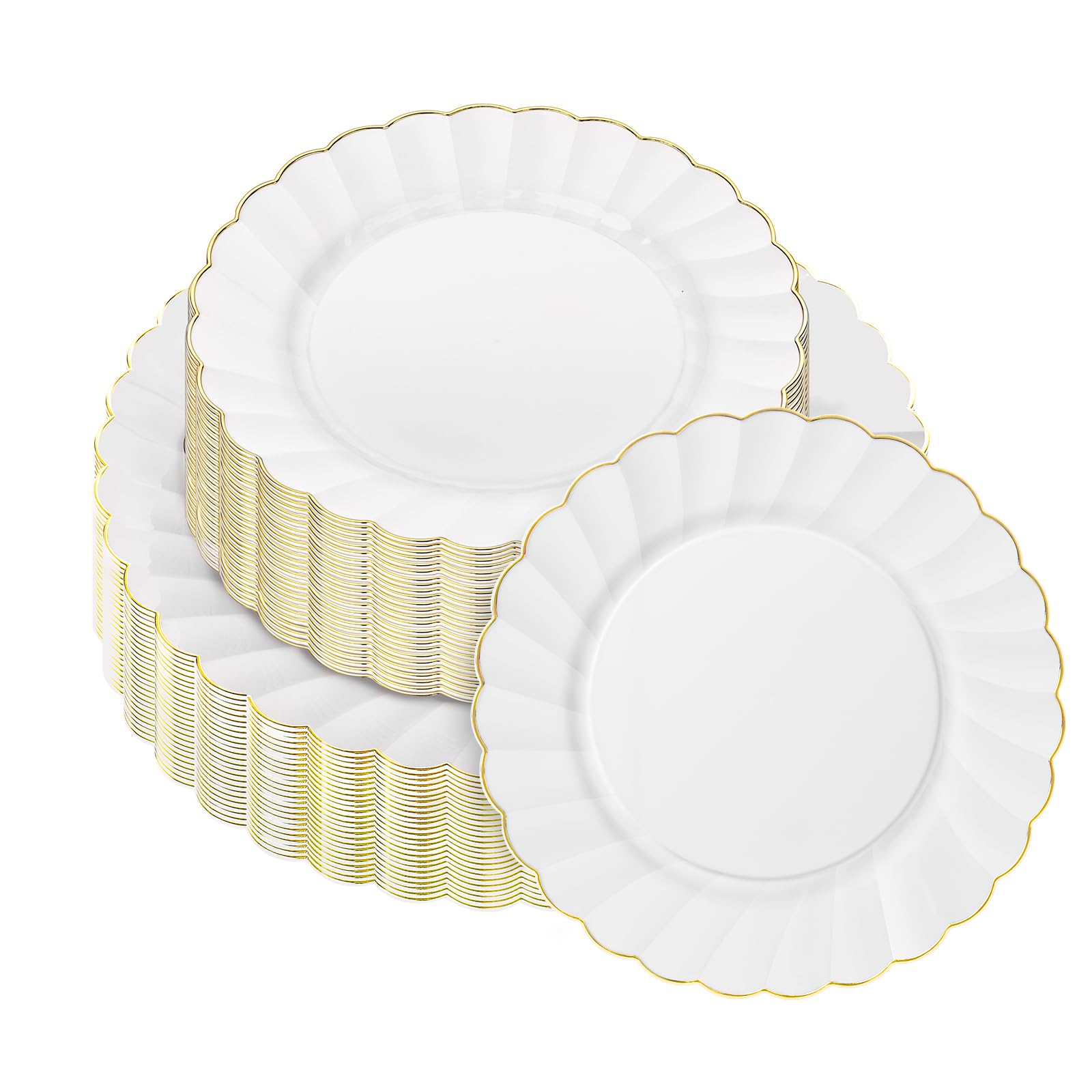 Photo 1 of **INCOMPLETE, DAMAGED** White Scalloped Plastic Plates with Gold Rim Disposable Fancy Decorative Elegant Party Plates Heavy Duty Dinner Plate 10" Dessert Plate 7.5" Perfect for Wedding Baby Shower