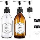Homepicker 8 oz Glass Pump Bottle, 250ml Small Lotion Dispenser Bottle for Body Massage Oil, Refillable Empty Hand and Dish Soap Dispensers Set with Storage Caps, Labels - Amber & Clear, 2 Pack
