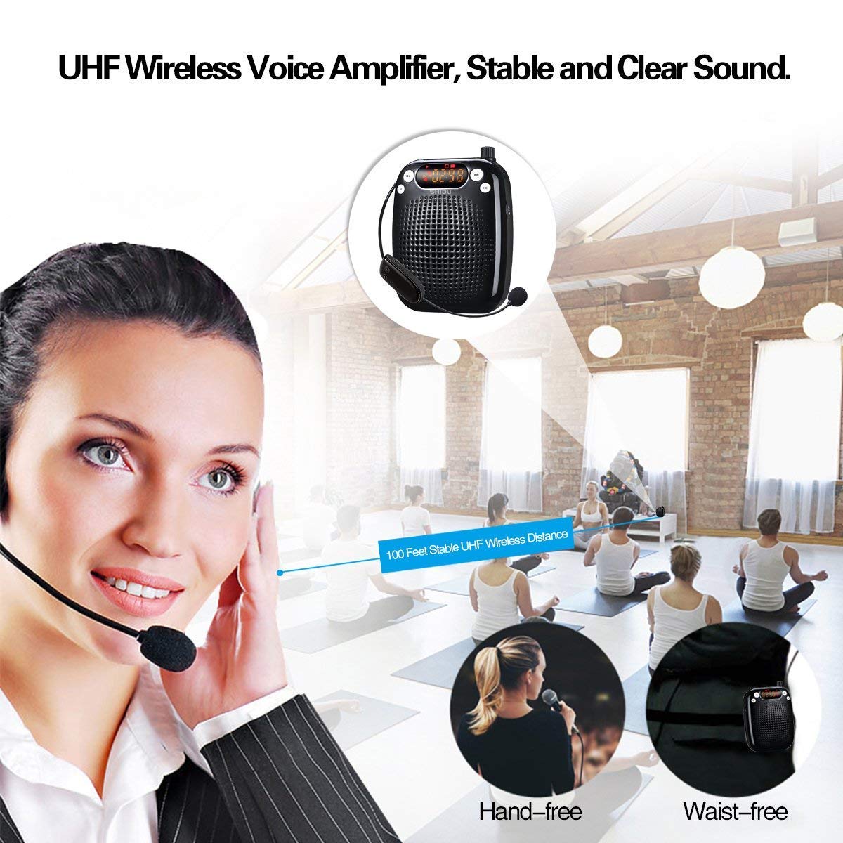 10W Wireless Voice Amplifier, Portable PA System Speaker with UHF Wireless Microphone Headset for Teachers, Tour Guides, Coacher, Singing, Training and Presentation