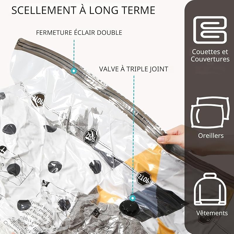sacs sous vide vetements avec pompe, 4 XL + 4 grands, housse de compression de rangement sous vide pour vêtements, voyage, déménagement