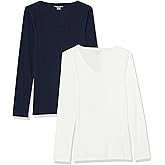 Amazon Essentials Womens Slim-Fit Layering Long Sleeve Knit Rib V-Neck Shirts (Available in Plus Size)
