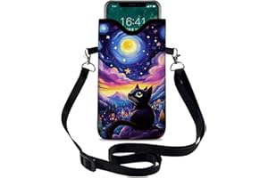 otilil Neoprene Cell Phone Sleeve Pouch Case Bag with Crossbody Strap Neck Lanyard for Women 7.1 X 3.9 in Sky Cat