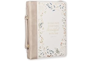 Christian Art Gifts Fashion Premium Vegan Leather Inspirational Bible Cover for Women: Everything Beautiful Encouraging Golden Bible Verse, Pen Loops, Pockets, Taupe & White Multicolor Floral, XL