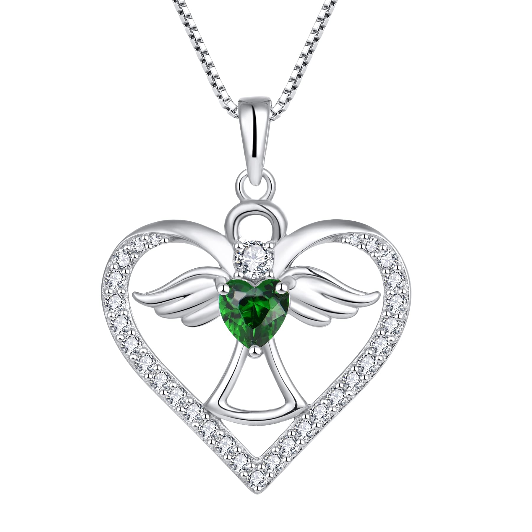 FJ Guardian Angel Necklace 925 Sterling Silver Heart Angel Wings Pendant May Birthstone Necklace Emerald Jewellery for Women