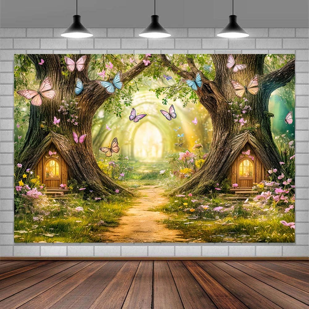 Photo 1 of Enchanted Forest Backdrop Fairy Tale Enchanted Magic Garden Wonderland Floral Butterfly Background for Kids Girl Baby Shower Birthday Party Decoration Studio Photography Banner Booth Props