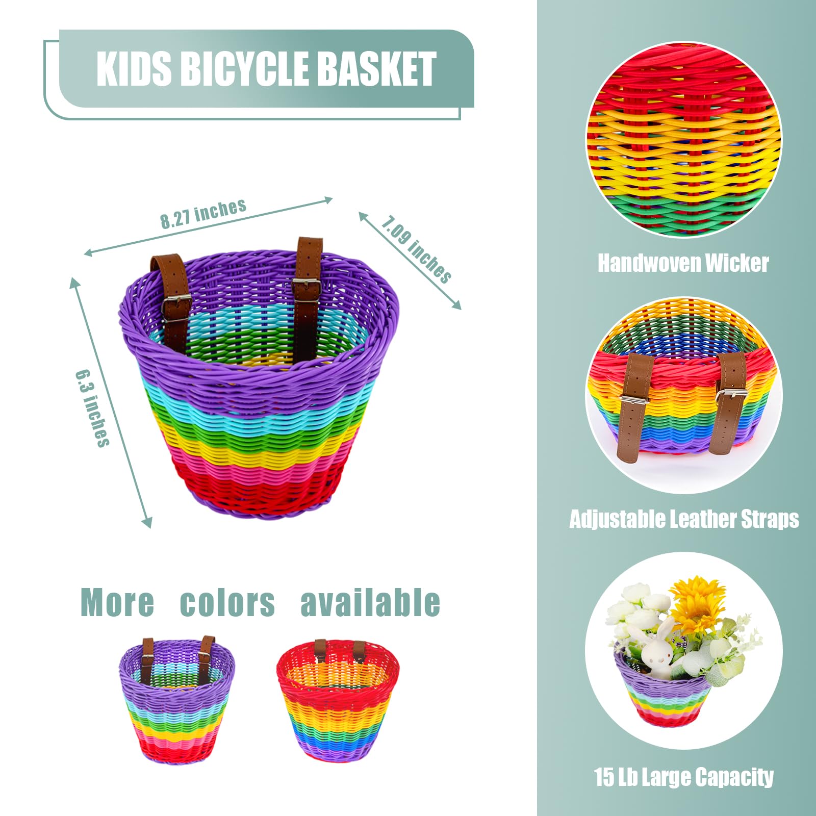 Gify Kids Bike Basket Front, Handwoven Wicker Rainbow Bicycle Basket for Girls, Colorful Large-Capacity Toddler Bike Accessory with 2 Adjustable Leather Straps for Scooters and Tricycles - Purple