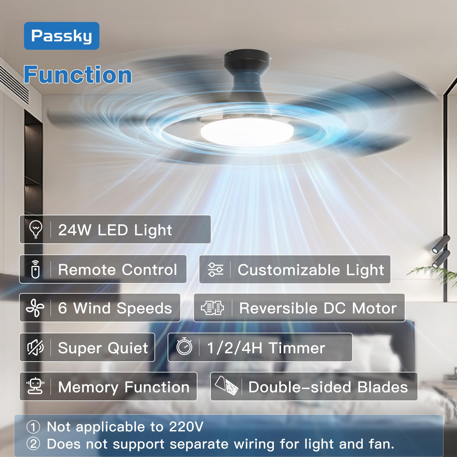 Passky Ceiling Fans with Lights, 52 inch Flush Mount Ceiling fan with Remote Control, Low Profile Ceiling Fan for Bedroom, Farmhouse, Reversible, 3CCT, Dimmable, Noiseless DC Motor, Black