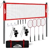 AUEWXNFYH Portable Badminton Set, Heavy-Duty Outdoor Net with 4 Rackets, 3 Shuttlecocks &amp; Boundary Line for Backyard Lawn Beach Family Games