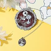 Gothic Christmas Metal Bookmark - Jack & Sally Couple & Silver Chain CharmVintage Engraved Book Accessory for Dark Holiday Lovers, Timeless Macabre Jewelry Gift (Red & Black)