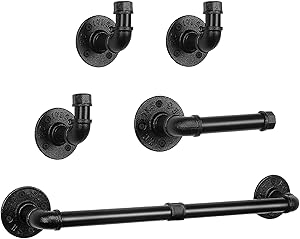 NearMoon 5-Pieces Industrial Pipe Bathroom Hardware Set, Include 18 Inch Towel Bar, Toilet Paper Holder and 3 Robe Hooks, Heavy Duty DIY Style Wall Mounted Rustic Decor Accessories Kit, Black
