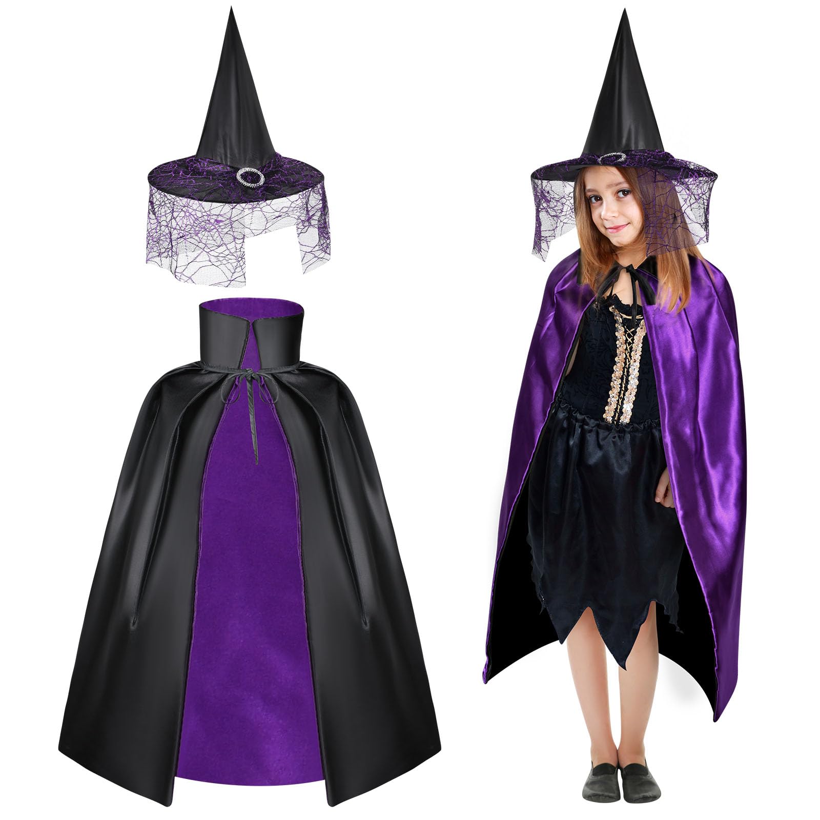 AYBUY Witch Costume Kids, Halloween Witches Costume with Hat and Cape, Purple Reversible Cloak Capes with Hat, Witch Halloween Fancy Dress Costume for Children Masquerade Party Cosplay Costumes