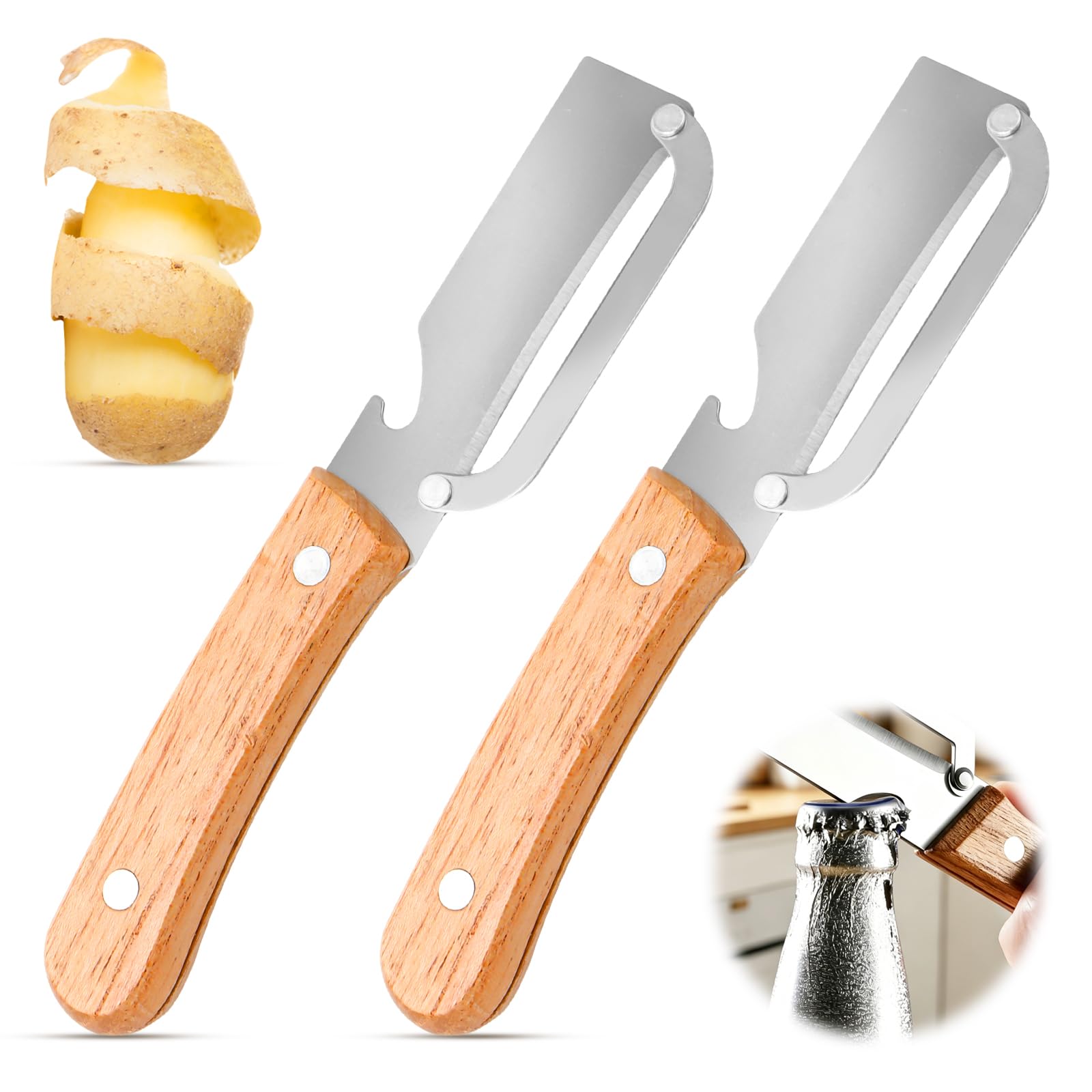 2 Stück Küchen Schäler, Hochwertiger GemüSeschäLer Mit Holzgriff Und FlaschenöFfner: 2-In-1-Küchenwerkzeug Aus Edelstahl, Geeignet FüR Obst, äPfel, Kartoffeln, KüRbis Und Papaya