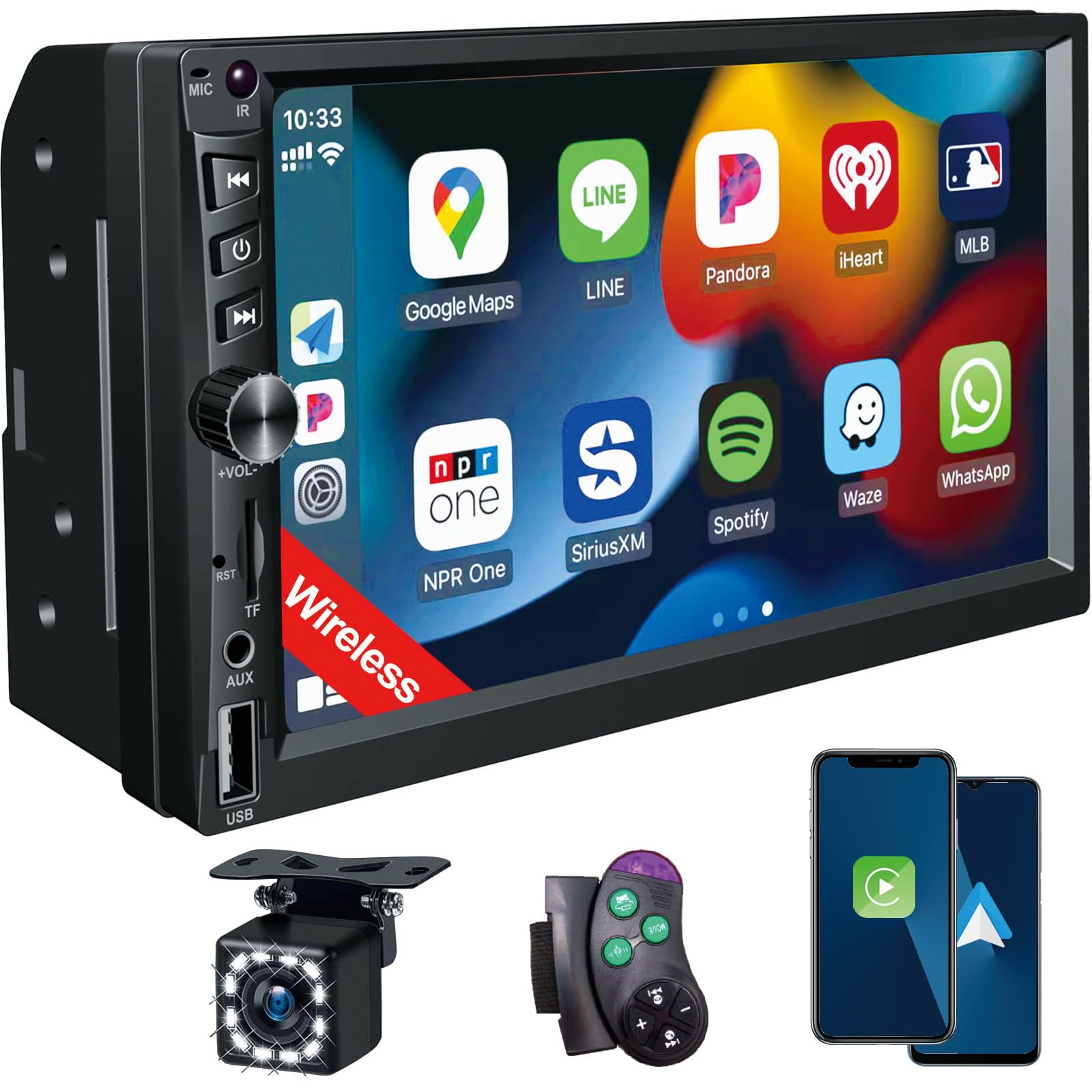 Photo 1 of Wireless Double Din Car Stereo Works with Apple Carplay,7 Inch HD 1024 * 600 Touchscreen with Bluetooth 5.1,FM Car Radio,GPS Navigation,Backup Camera,Android Auto,Voice Control,USB/AUX/TF/SWC