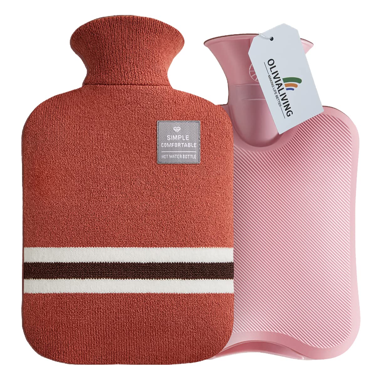 OliviaLiving Hot Water Bag Hot Water Bottle 2 Liter Heat Up and Refreezable Hot Cold Pack with Classic Striped Cover for Pain Relief Hot Cold Therapy