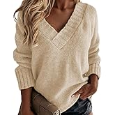 Women's Winter Sweater 2025 Fall Casual Timeless Long Sleeve Solid V Neck Chunky Sweater Pull Over Tops