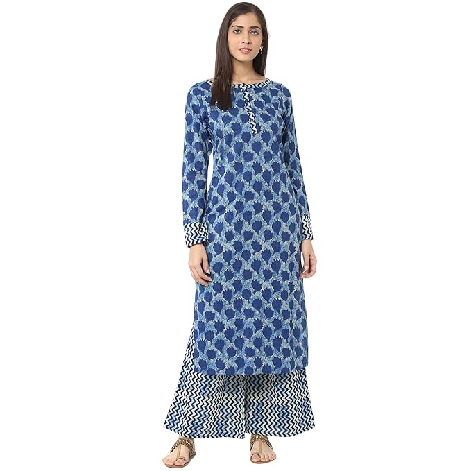 Buy Jaipur Kurti Indigo Printed Kurta With Palazzo Trousers At