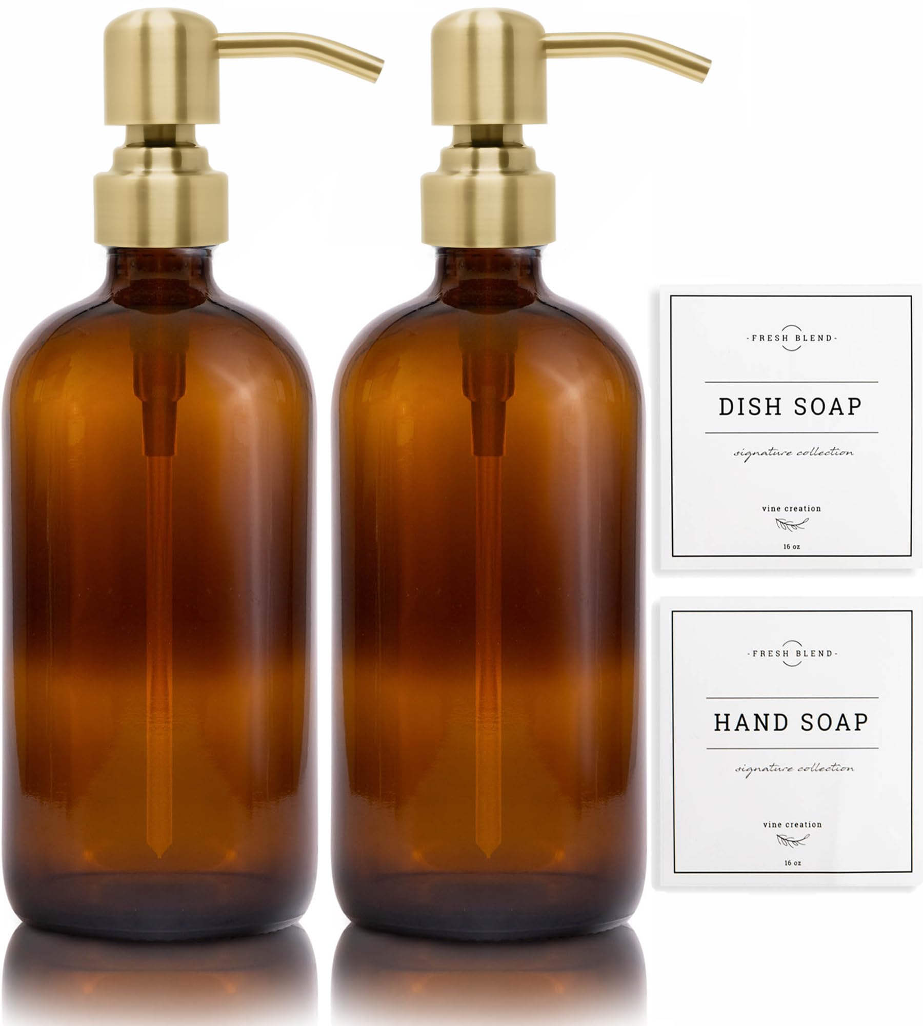 Photo 1 of Vine Creations Amber Glass Soap Dispenser, 2 Pack Kitchen Soap Dispenser Set with Stainless Steel Pump, 16 oz Hand Soap and Dish Soap Dispensers for Kitchen or Bathroom with Waterproof Labels