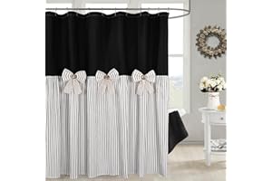 DOSLY IDÉES Farmhouse Black Shower Curtain,Bowknot,Cotton Woven and Cotton Blend Fabric,Pleated Black Stripe,Country Style,72x72 in