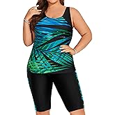 Hanna Nikole Women's Plus Size Tummy Control Tankini Swimsuits Color Block Bathing Suits with Shorts Knee Length