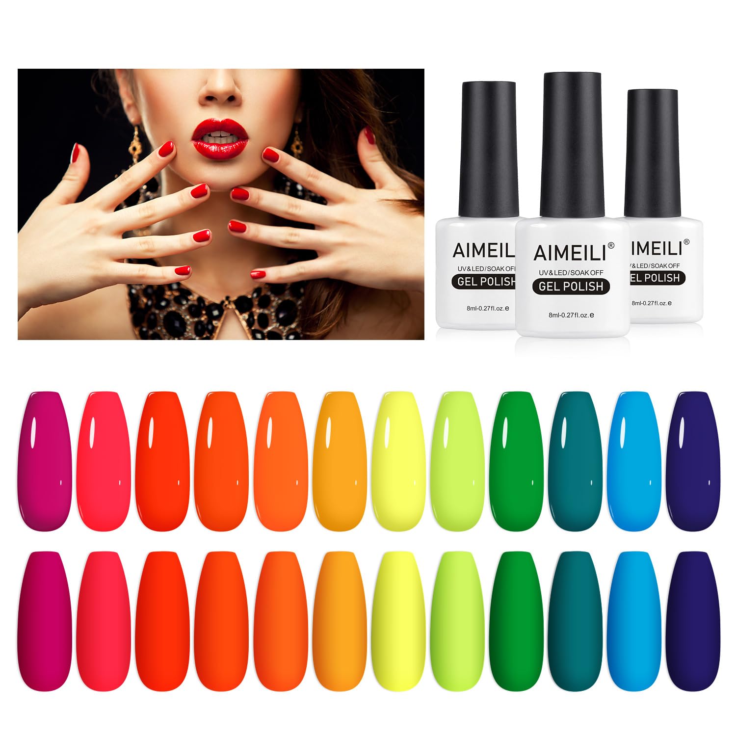 AIMEILI Neon Gel Nail Polish Set, 8ml 12 Colours Spring Summer Pink Red Orange Green Blue Purple Gel Polish Soak Off UV LED Gel Nail Polishes Nail Art Gel Polish Gift Kit 23