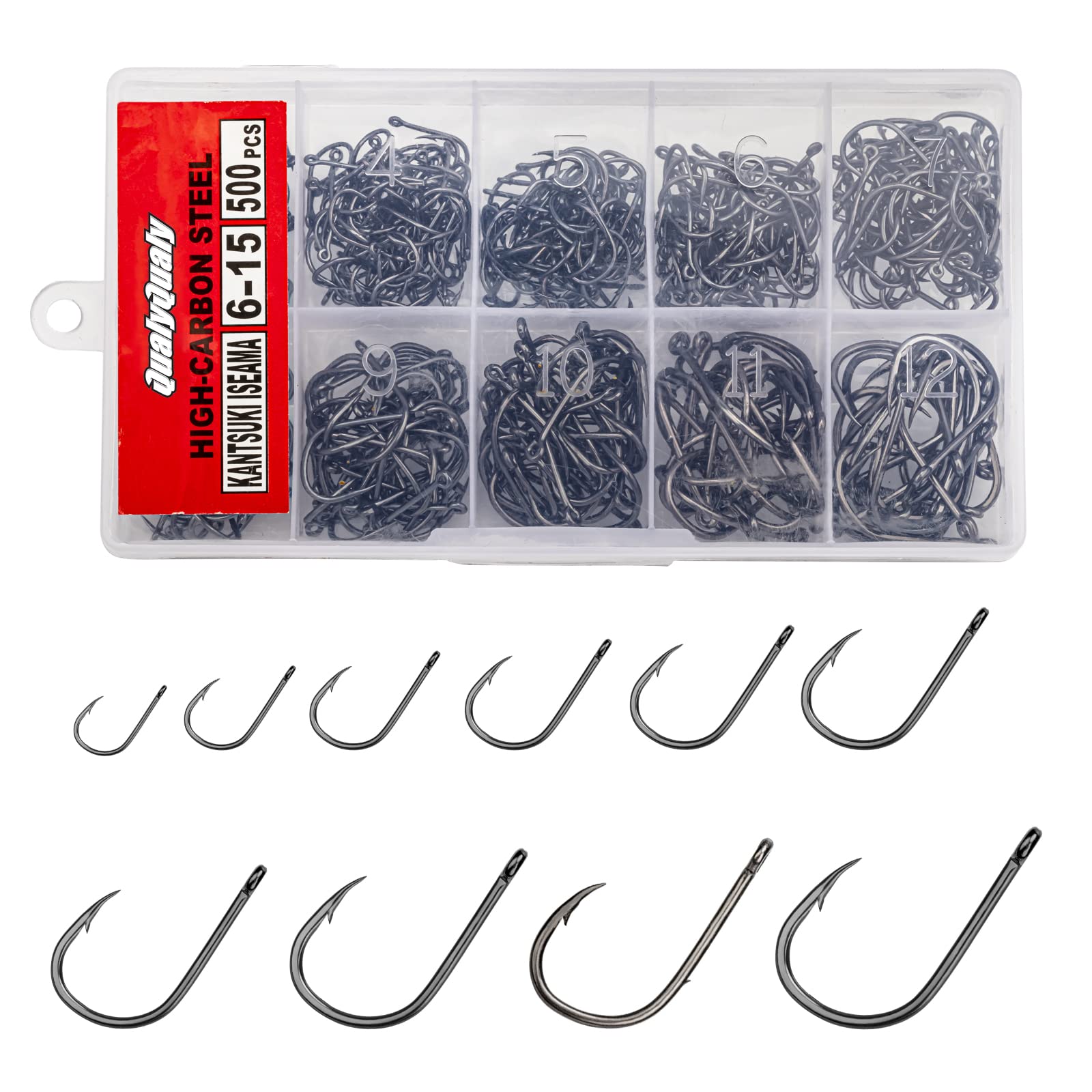 QualyQualy Worm Hooks for Bass Fishing Hooks, 500pcs Bass Hooks Fishing Carp Eyed Fishing Hooks Freshwater Hooks Bass High Carbon Steel with Portable Box