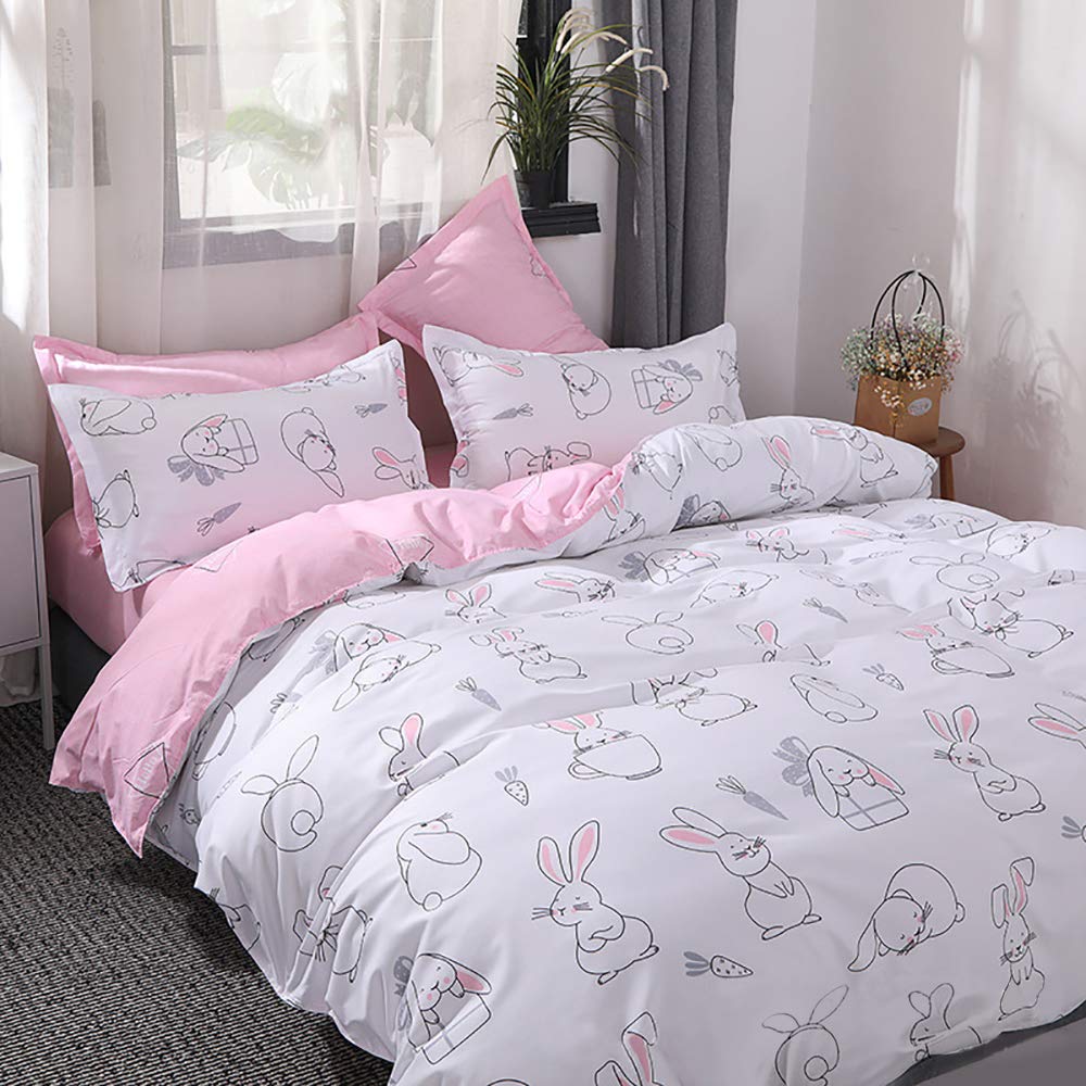 choicehot Rabbit Duvet Cover King Size, Bunny Theme Kids Bedding Set, Wild Bunnies Quilt Cover with Pillowcase, Cute Pink Ultra Soft Microfiber Comforter Cover for Kids Boys Girls, 220 x 230 cm