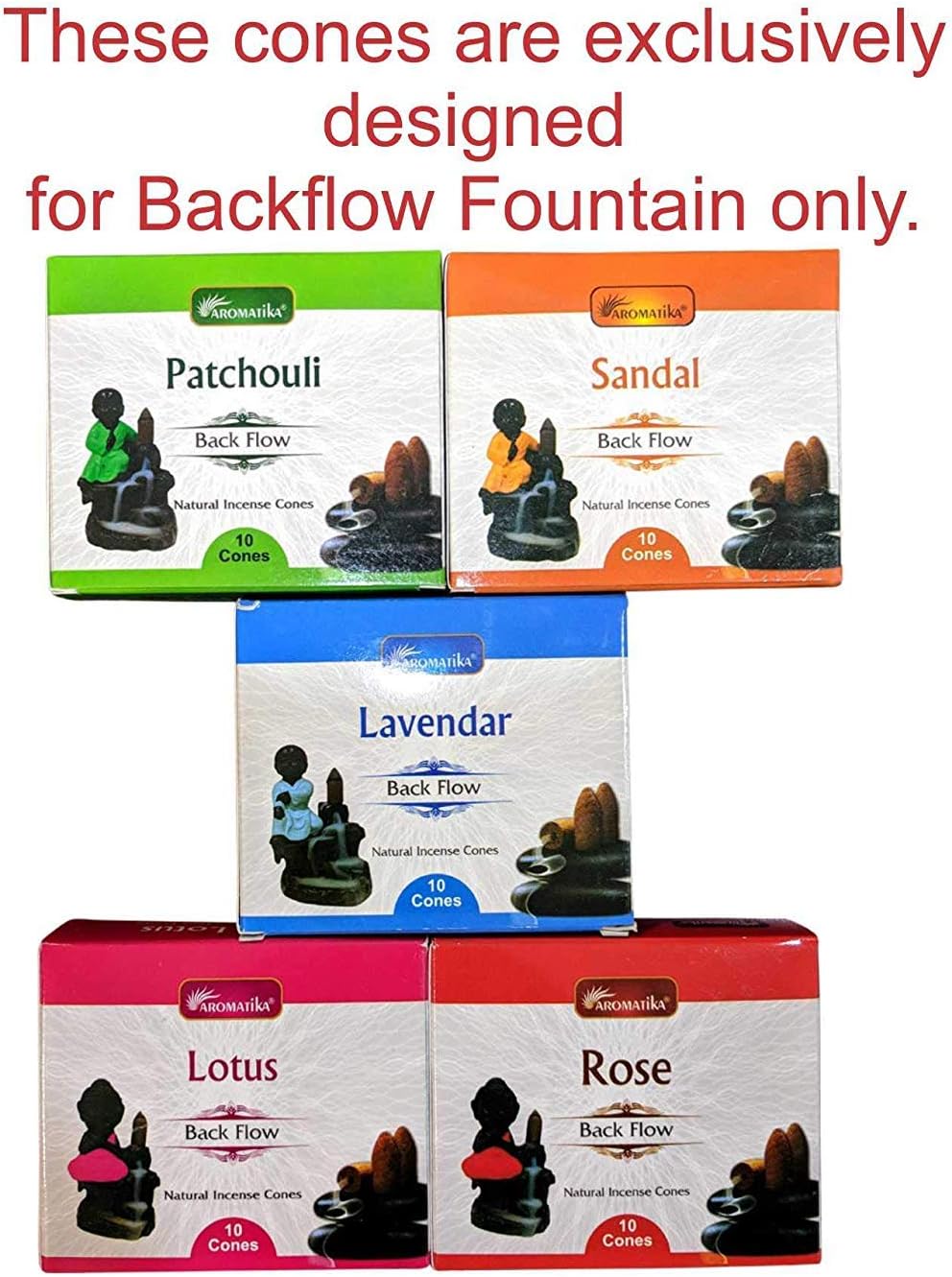 Aromatika Natural Backflow Incense Cones Combo 'B' of 5 Packets Consists Total 50 Cones of 5 fragrances Sandal, Lavendar, Patchouli, Rose, Lotus