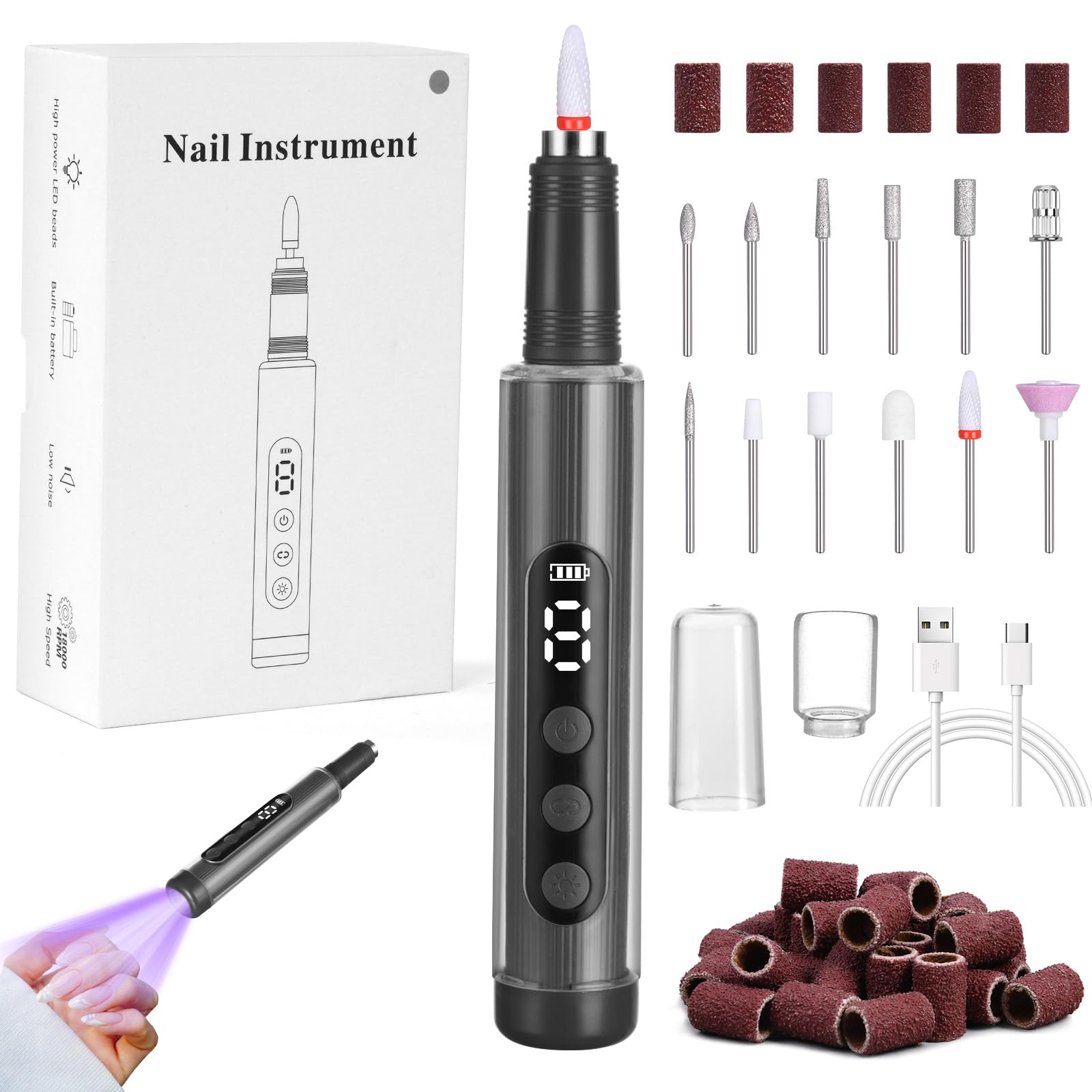AUAUY Electric Nail Drill, Professional Nail File for Acrylic and Gel Nails, 18000RPM, 2-in-1 Nail Drill & UV Drying Lamp, 9 Speed Levels, 2 Rotation Directions, Black, Plastic+Metal, M1-4270793