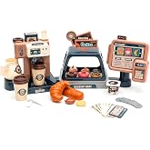 Jomifin Coffee Toys Set Pretend Coffee Maker with Sound Register 41 Pcs | Realistic coffee brewing action, sound cash register. Includes donuts, cakes, cookies, croissants Durable plastic. 3+ years