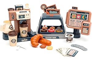 JOMIFIN Pretend Role Play Toy Coffee Shop for Boys and Girls with Coffee Maker Machine and Fake Donuts 41Pcs (Classic Edition)