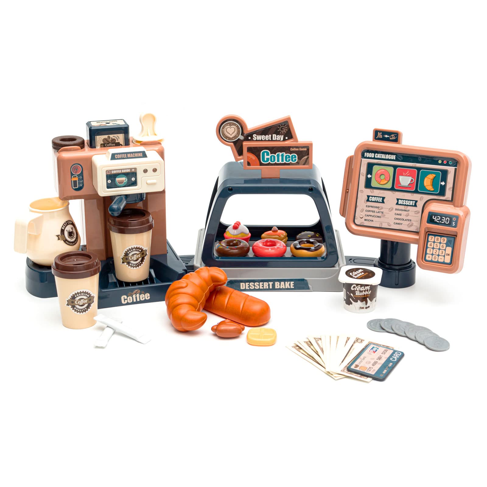Pretend Role Play Toy Coffee Shop for Boys and Girls with Coffee Maker Machine and Fake Donuts 41Pcs，Play Kitchen Accessories for Girls and Boys