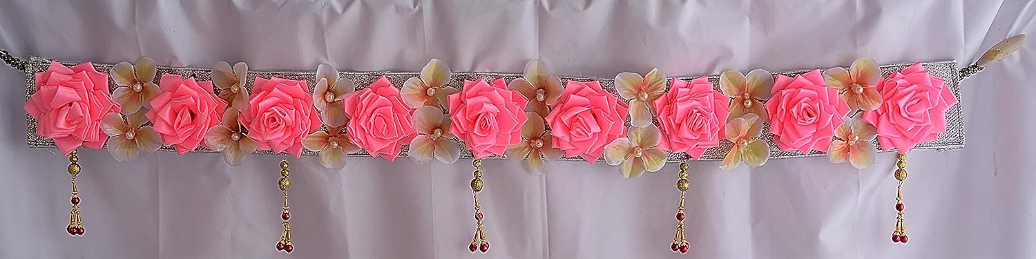 Tied Ribbons Handmade Toran Flower Pink Golden Door Hanging Toran