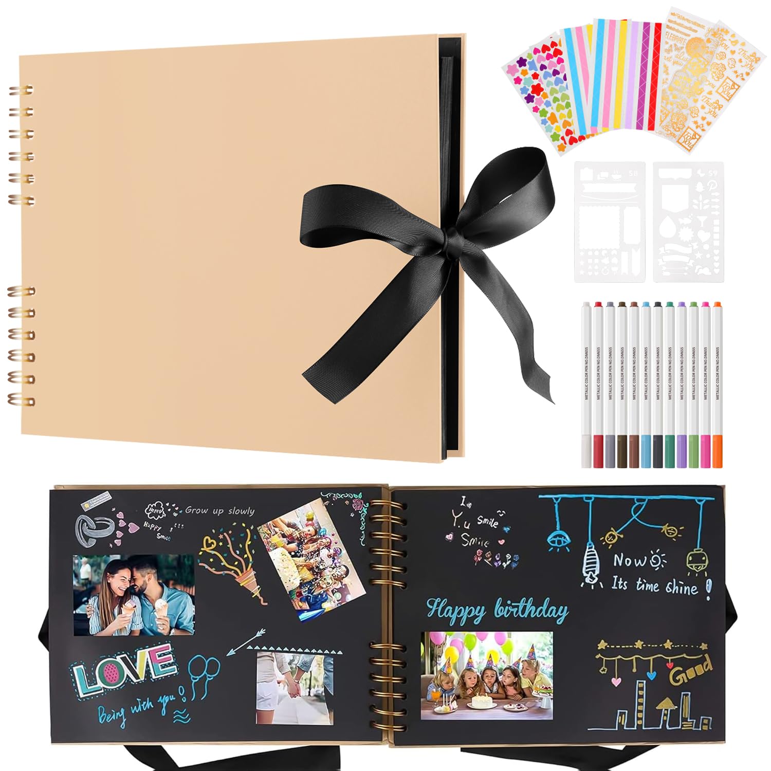 DazSpirit Photo Album Scrapbook - 80 Page DIY Memory Book with 12 Metallic Pens & 8 Photo Stickers, Holds 420 Photos - Scrapbook Kit, Perfect for Writing, Drawing, and Storing Memories(Beige)
