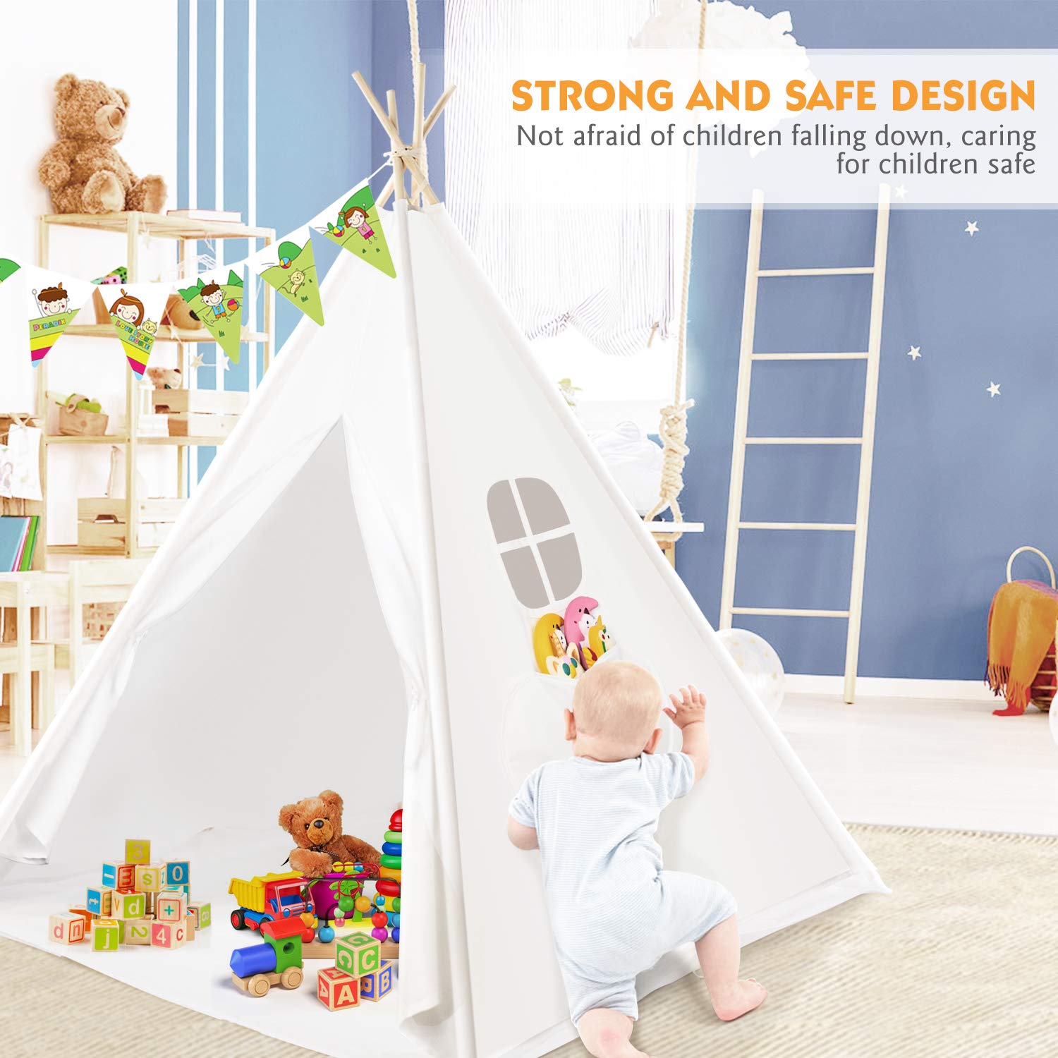 Peradix Indian Teepee Tent for Kids, Play Tent for Indoor Outdoor Activity Playhouse Game with Flags and Cushion