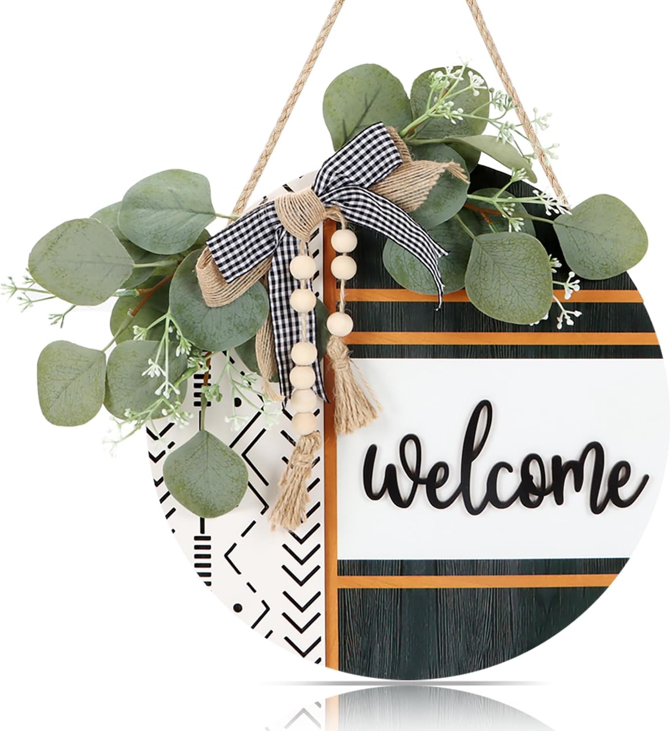 CHDITB Boho Farmhouse Porch Wreath Sign (11.42x11.42) - Round Welcome Summer Door Hanger for Porch Outdoor