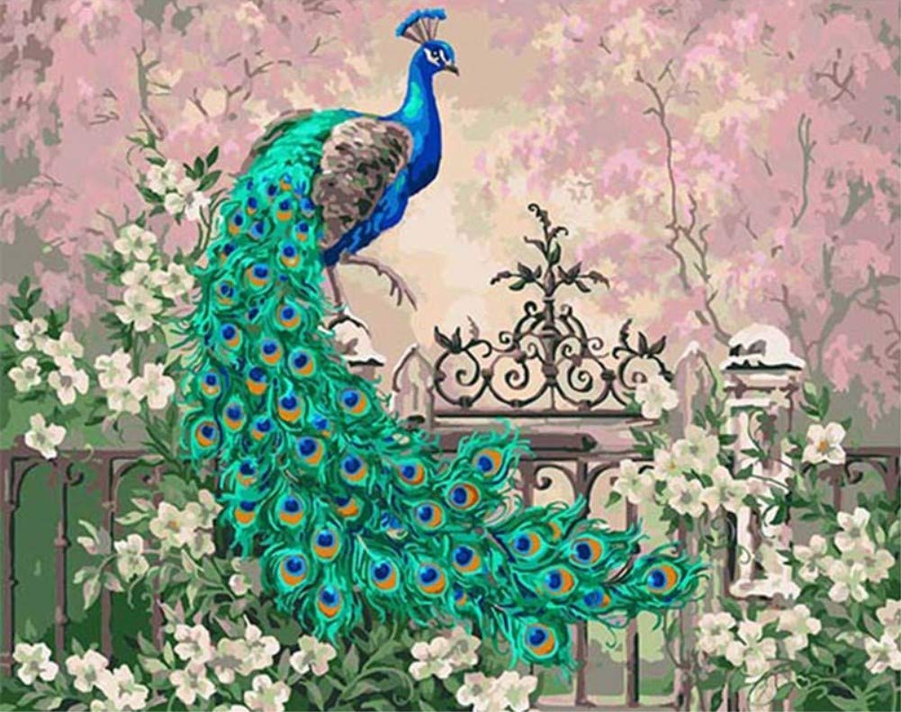 ABEUTY DIY Paint by Numbers, Blue Peacock 16x20 inches Number Painting Art Therapy