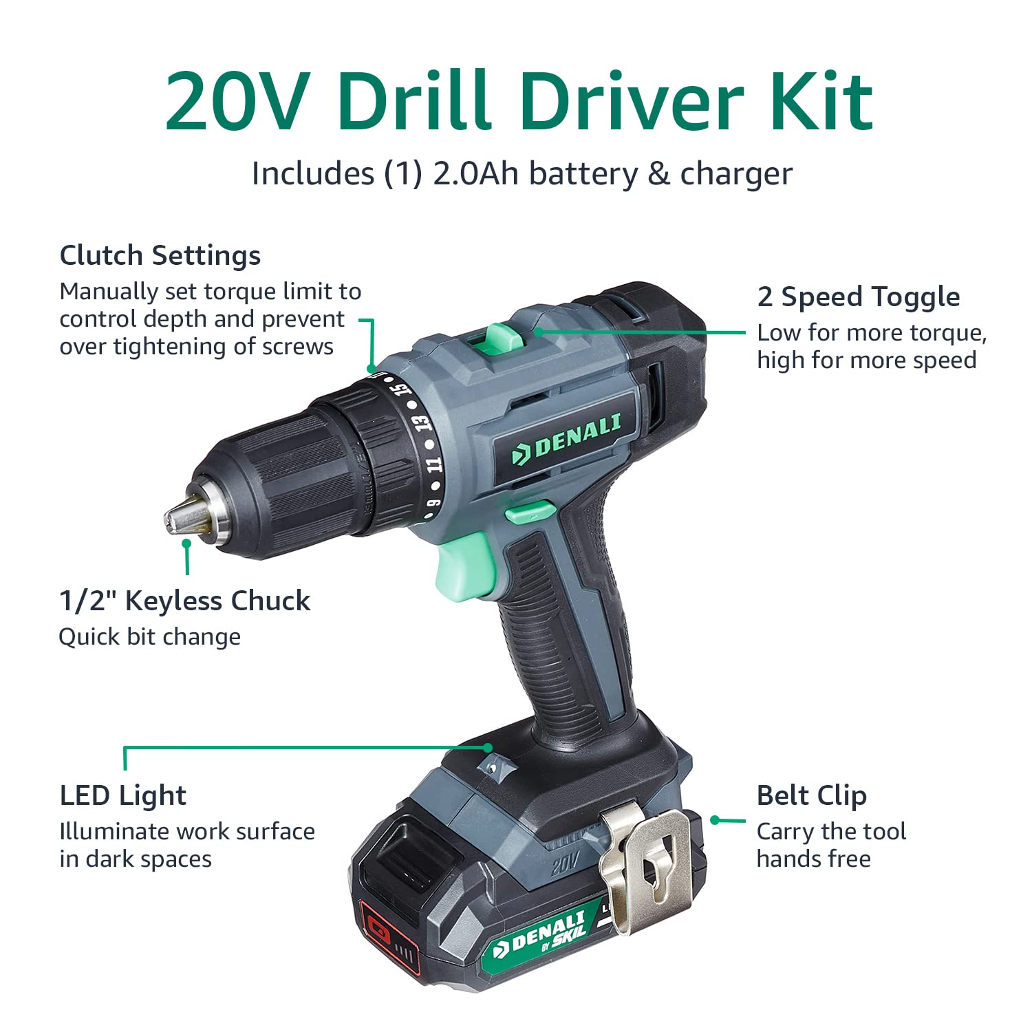 Amazon Brand - Denali by SKIL 20V Cordless Drill Driver Kit with 2.0Ah Lithium Battery and 2.4A Charger, Blue, 26.0
