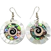Swimmi Iridescent Paua Abalone Earrings, Natural Shiva Eye Mother of Pearl Dangle Drop Earrings, Handmade Seashell Fashion Jewelry CA285-A