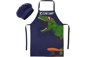 MHJY Kids Apron and Chef Hat for Boys Dinosaur Child Aprons with Pockets, Child Apron for Cooking Baking Painting 3-12 Years