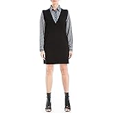 Max Studio Womens Women's Twofer Sleeveless V Neck Knit Sweater Dress with Button Down Blouse