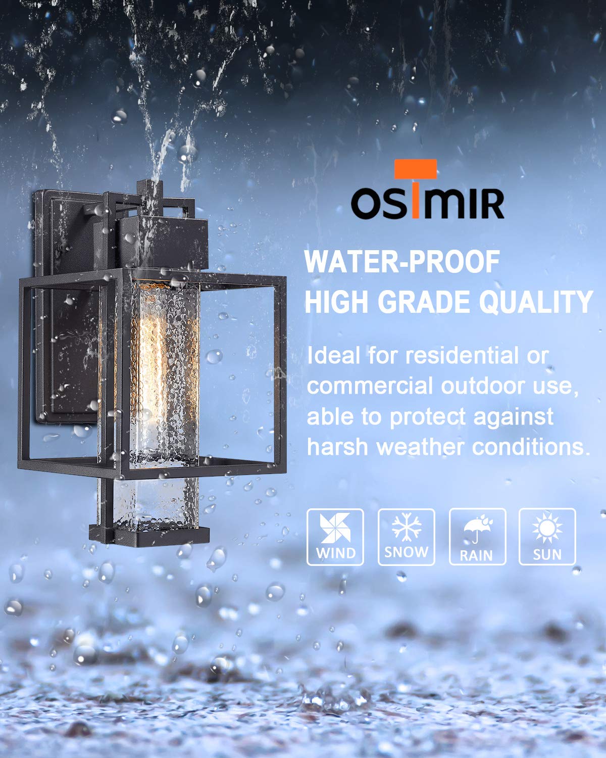 Osimir Outdoor Wall Sconce 2 Pack, Farmhouse Style Exterior Wall Lantern in Black Finish with Bubble Glass Lamp Shade, 15 inch Modern Outdoor Lighting Fixtures 2375/1WL-2PK