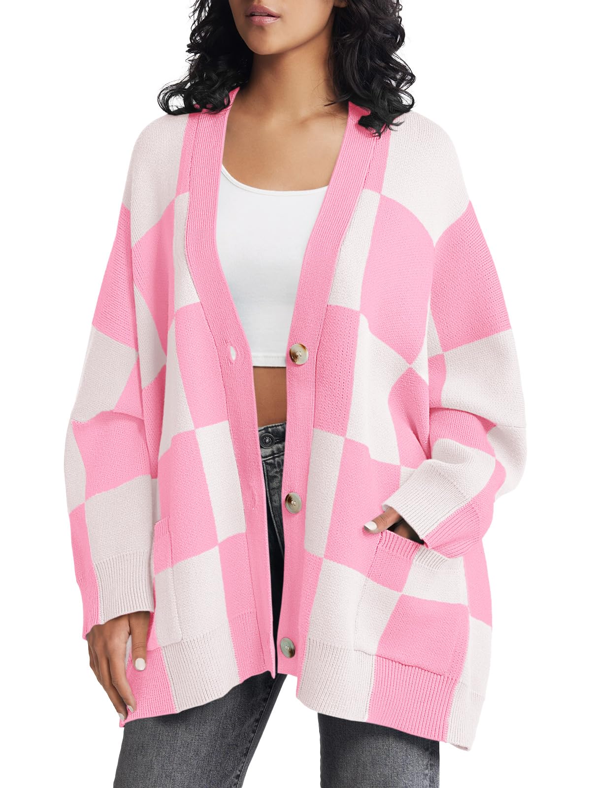 Photo 1 of Saodimallsu Womens Checkered Sweater Color Block Plaid Oversized Cardigan Long Sleeve V Neck Button Down Knit Coats Pink