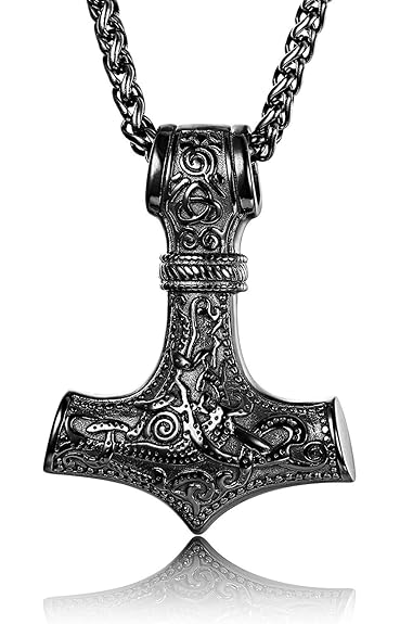 Finrezio Mjolnir Kette Thorhammer Schwarz aus Edelstahl für Männer Herren Vintage Viking Odin Kette